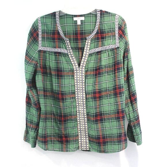 J.CREW Tops - J Crew Herringbone Embroidered Trim Tunic Top Women size 10 Green Plaid Pullover